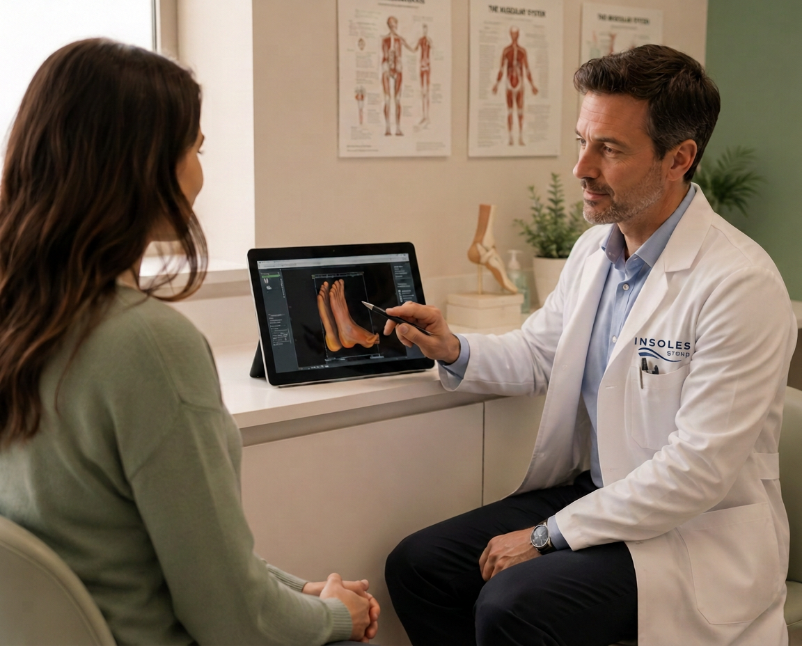 Podiatrist consulting with a client over a foot scan