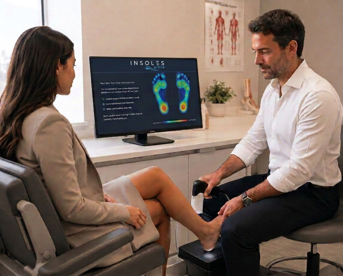 Clinicians and a client reviewing a 3D foot scan in a premium retail studio